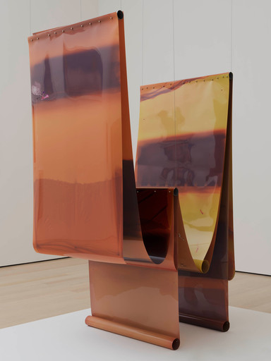 Photo of sculpture in which Kang employs industrial-sized sheets of photographic film that she has left unfixed, such that they change in response to light and humidity. Likening these sheets to the human body, the artist refers to them as skins and to their ongoing transformation as tanning. Some carry traces of prior exposure in other locations (each indicated in the artwork’s title), while the remainder have not been previously exposed.